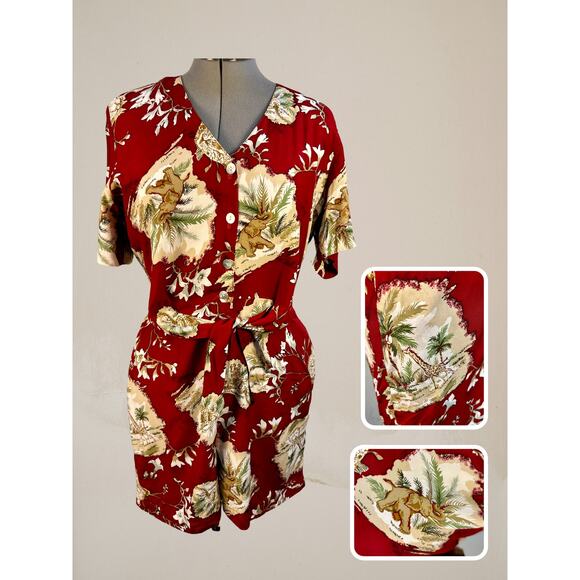 Vintage 80s Carol Anderson California  Safari Brick Red Tie Waist Romper Size 12 - Picture 1 of 3